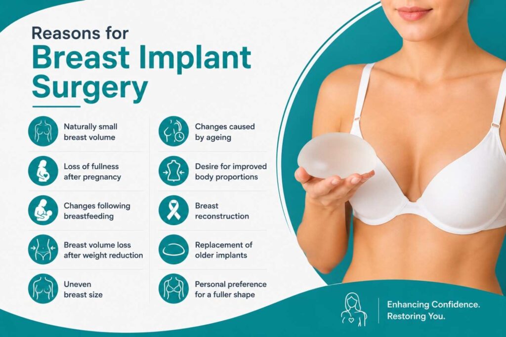 Infographic showing common reasons for choosing breast implant surgery with a patient holding a breast implant