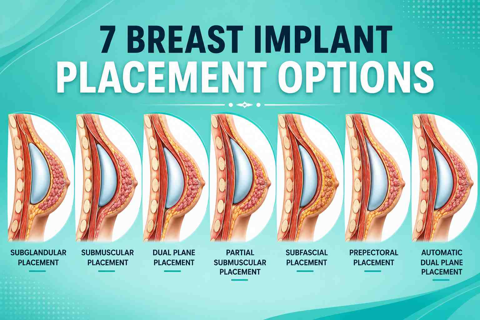 Breast Implant Placement Options illustration showing subglandular, submuscular, dual plane, subfascial, and other implant placement techniques.