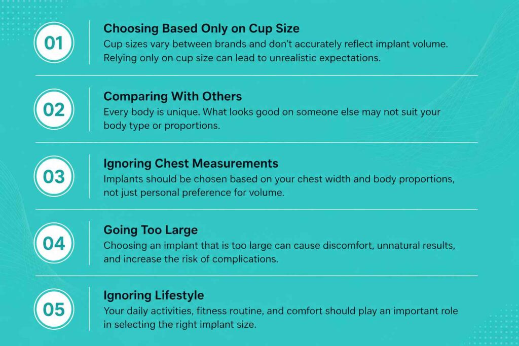Infographic explaining common mistakes when choosing breast implant size, including relying on cup size, comparing with others, ignoring chest measurements, selecting implants that are too large, and overlooking lifestyle factors.
