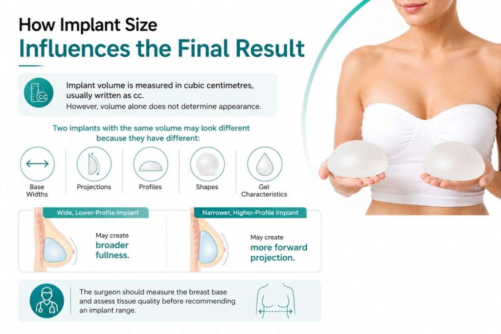 Infographic explaining how breast implant size influences the final result, showing different implant shapes and profiles alongside a realistic patient holding breast implants in a clean white and teal medical design.