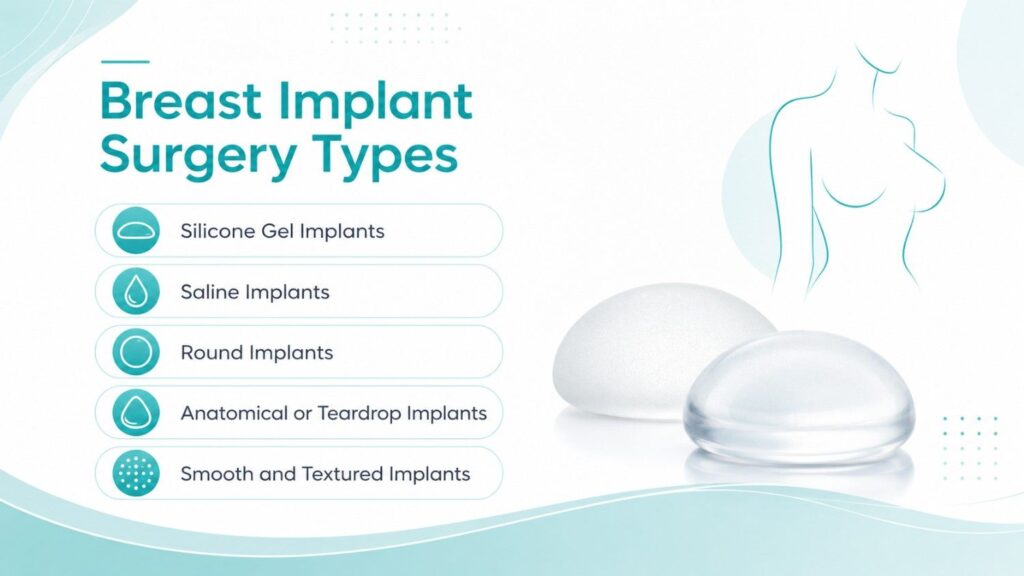 Breast implant surgery types infographic showing silicone gel, saline, round, teardrop, smooth, and textured implants.