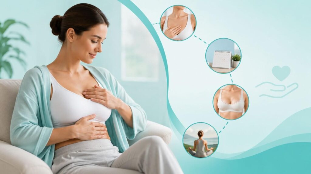 Illustration of the Breast Implant Recovery Timeline showing a woman recovering after breast implant surgery with post-operative care, healing milestones, and long-term recovery guidance.