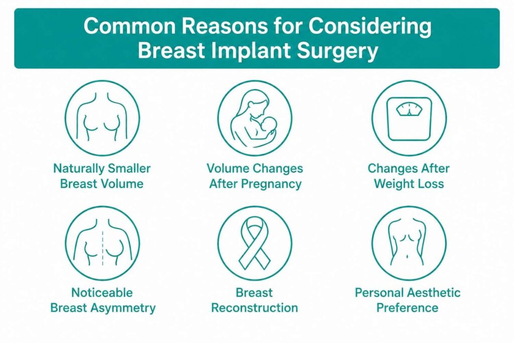 Infographic highlighting common reasons for considering breast implant surgery, including Naturally Smaller Breast Volume, Volume Changes After Pregnancy, Changes After Weight Loss, Noticeable Breast Asymmetry, Breast Reconstruction, and Personal Aesthetic Preference in a clean teal and white design