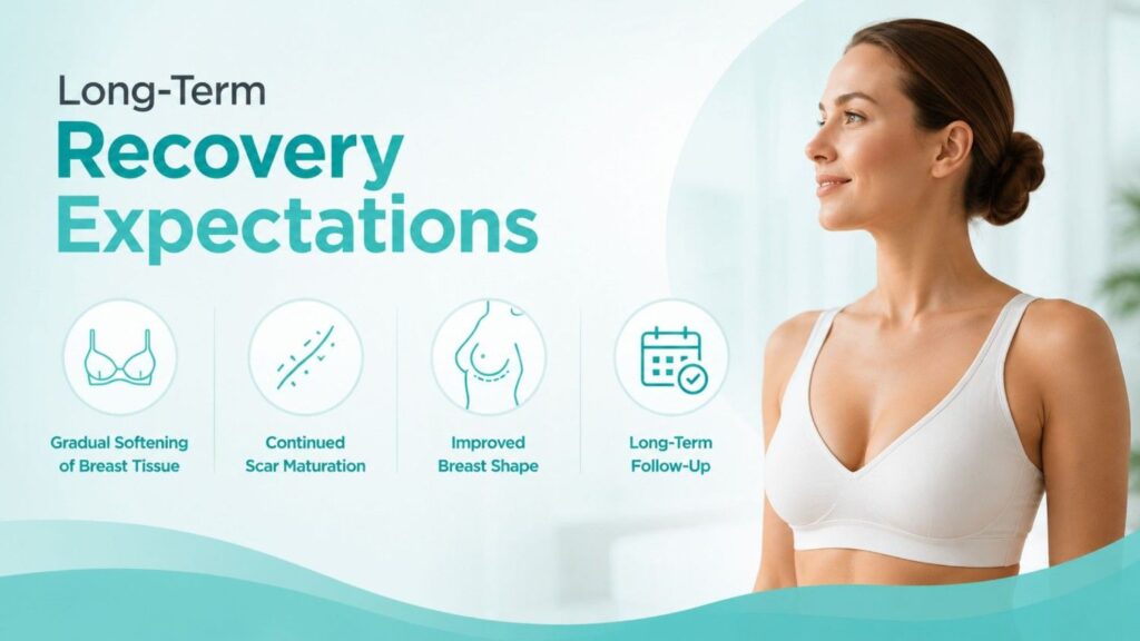 Long-Term Recovery Expectations during the Breast Implant Recovery Timeline showing breast tissue healing, scar maturation, improved breast shape, and scheduled follow-up care after breast implant surgery.