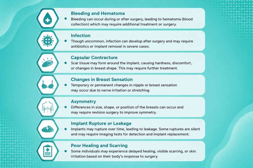 Risks Associated with Breast Implant Placement Options infographic showing bleeding, infection, capsular contracture, implant rupture, scarring, and other potential complications.