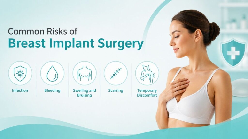 Common risks associated with Risks and Safety of Breast Implants including infection, bleeding, swelling, bruising, scarring, and temporary discomfort after breast implant surgery.
