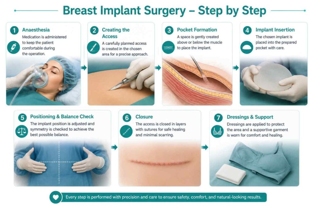 Breast implant surgery step-by-step infographic showing anaesthesia, access creation, pocket formation, implant insertion, balance checking, closure, and supportive dressing.