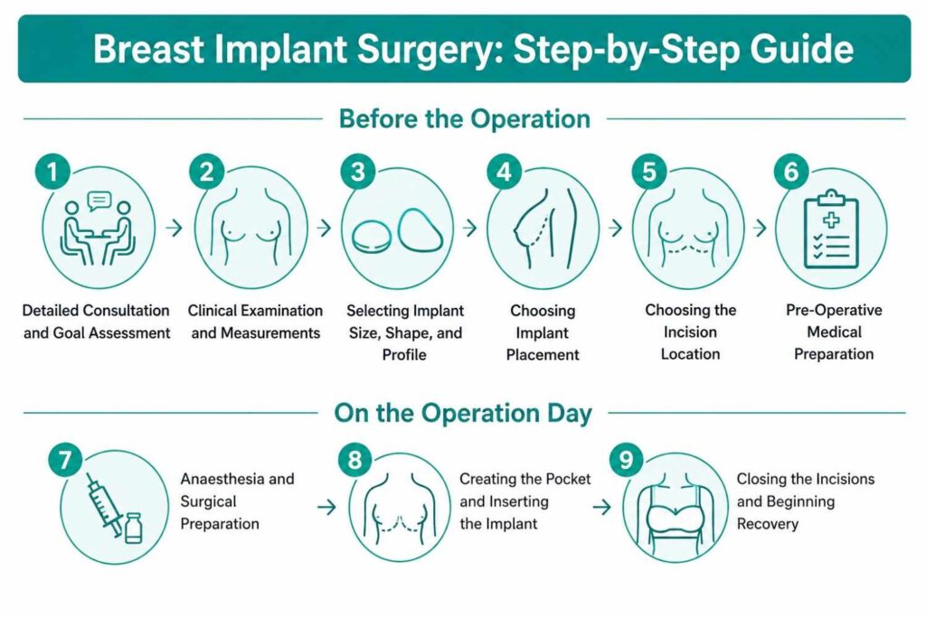 Infographic illustrating the step-by-step process of breast implant surgery, including consultation, clinical examination, implant selection, implant placement, incision planning, pre-operative preparation, anaesthesia, implant insertion, and recovery in a clean teal and white design.