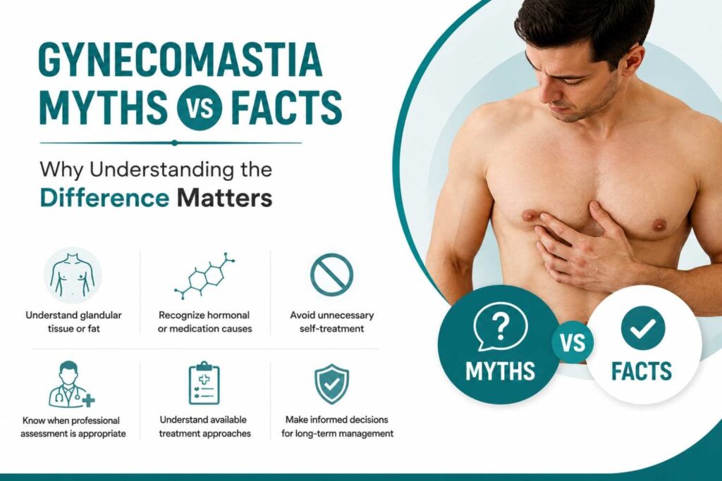 Gynecomastia Myths vs Facts, showing a man examining his chest with visual symbols representing misconceptions, facts, and professional understanding.