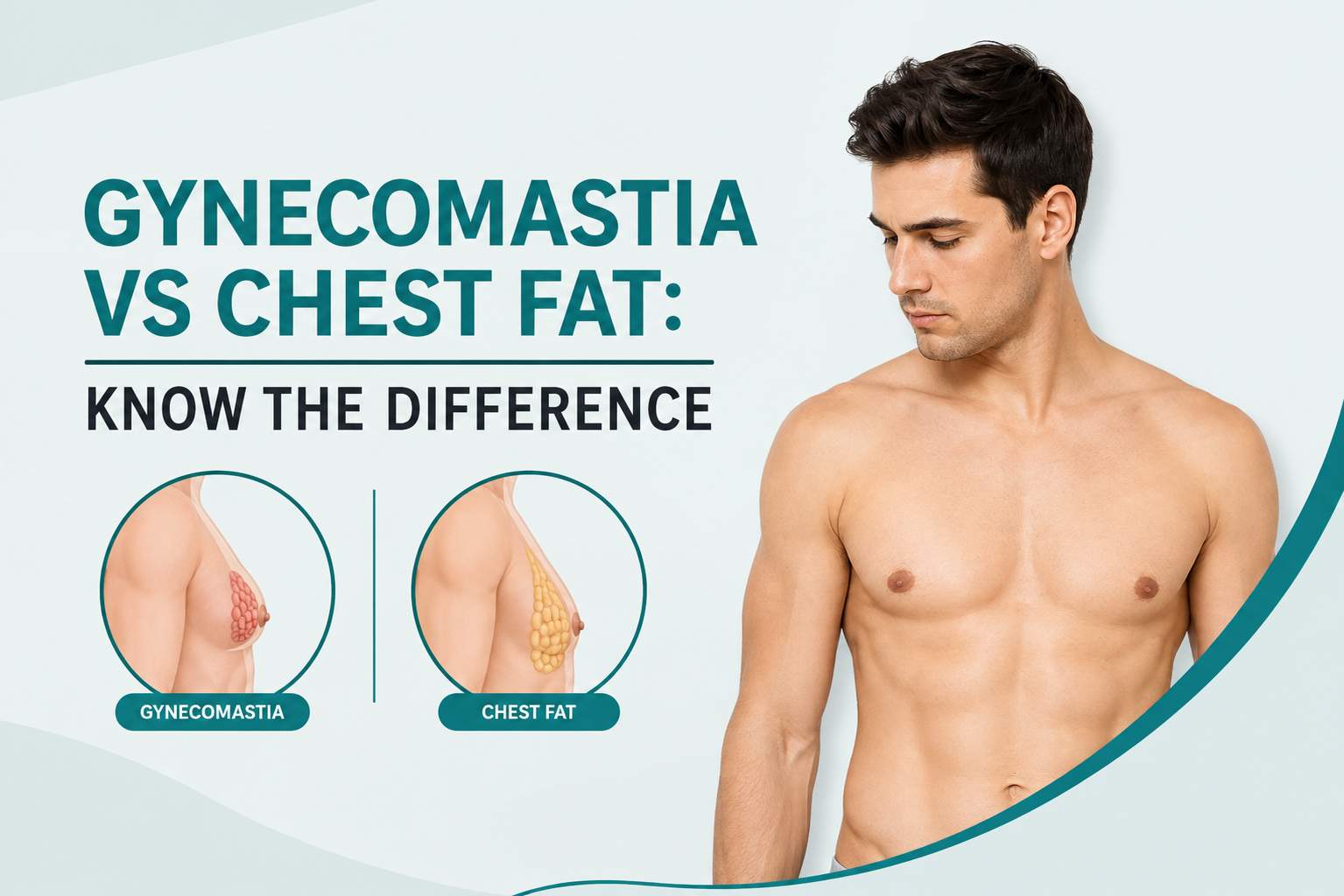 Gynecomastia vs chest fat showing the difference between glandular breast tissue and excess chest fat in men