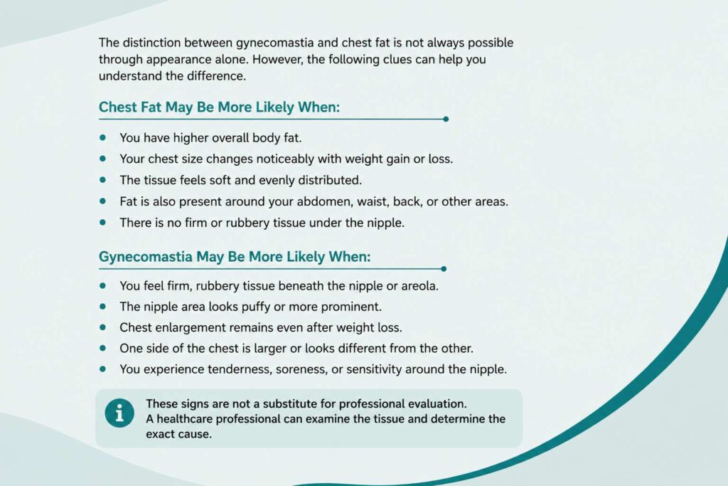 Gynecomastia vs chest fat comparison showing signs that help distinguish glandular breast tissue from excess chest fat