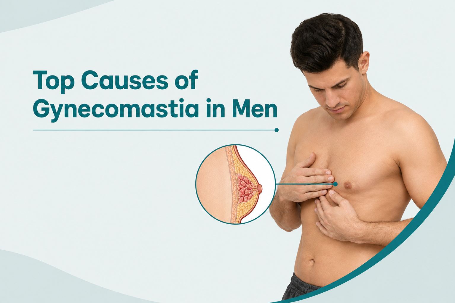 Top causes of gynecomastia in men showing male breast enlargement and glandular breast tissue