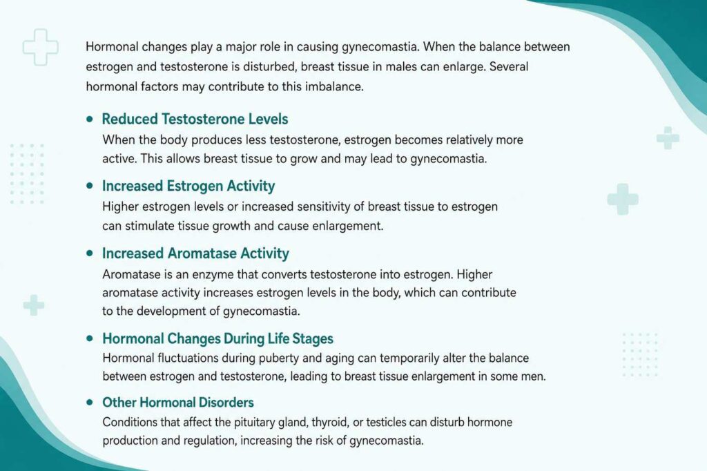What causes gynecomastia through hormonal changes involving estrogen and testosterone imbalance