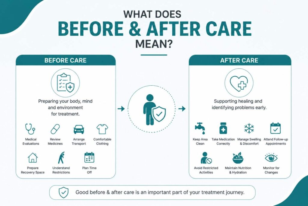 Before and after care steps for medical treatment