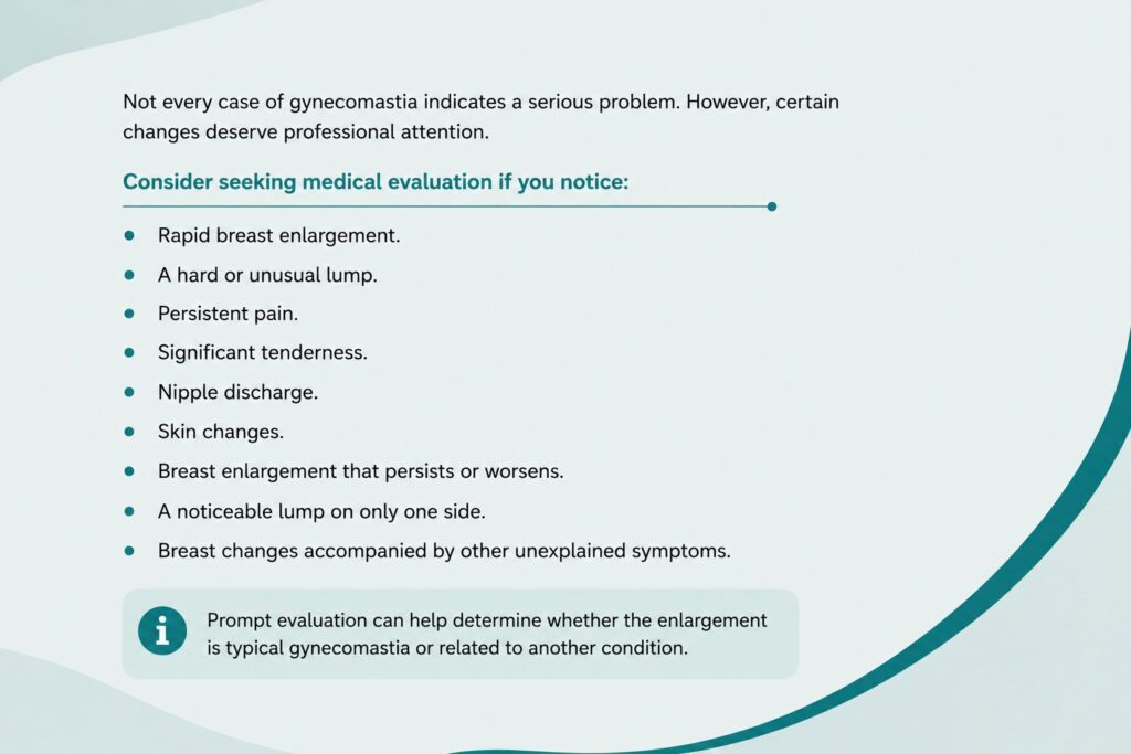 When should gynecomastia be evaluated for rapid breast enlargement, pain, lumps, nipple discharge, or other unusual symptoms