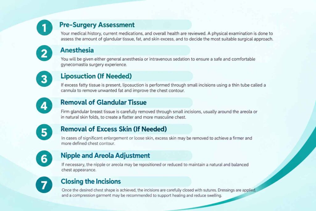 Steps showing what happens during gynecomastia surgery